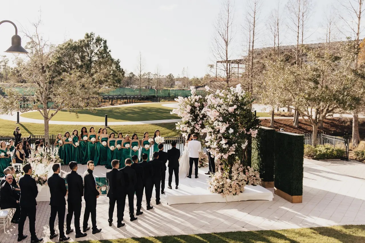 An elevated view of a luxury floral wedding ceremony